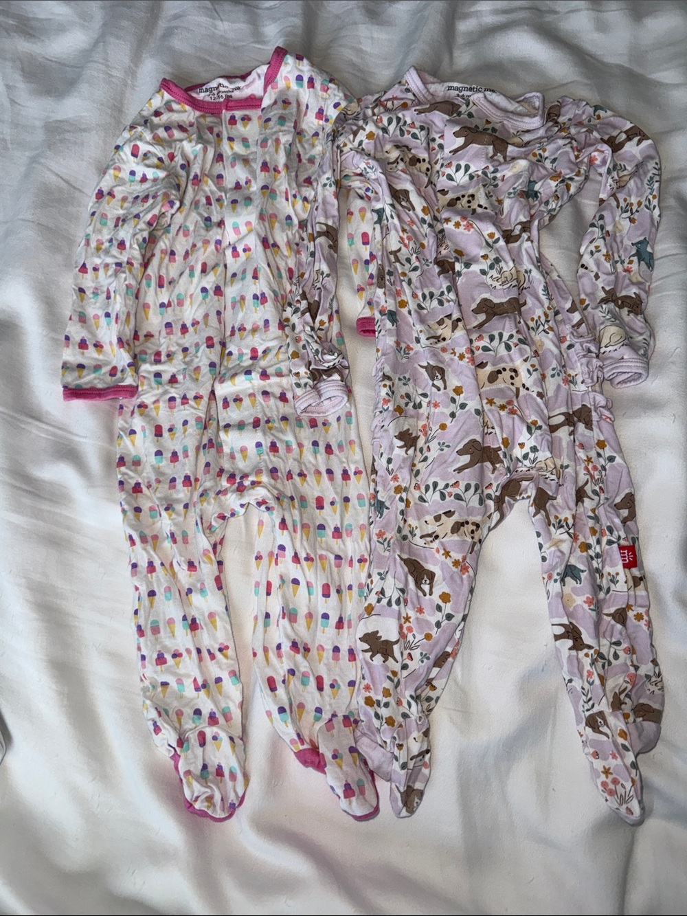Magnetic me pink ice cream purple dog long sleeves footed onesies sz 3-6 months